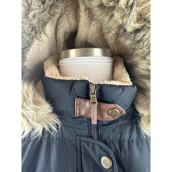 *Flaw Lauren Ralph Lauren Faux Fur Down Coat Black Faux Leather Trim Sherpa XXL - Picture 15 of 16